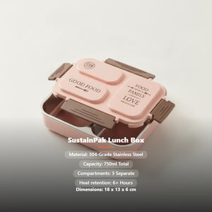 SustainPak 3-Compartment Stainless Steel Lunch Box - Keep Meals Hot Fresh